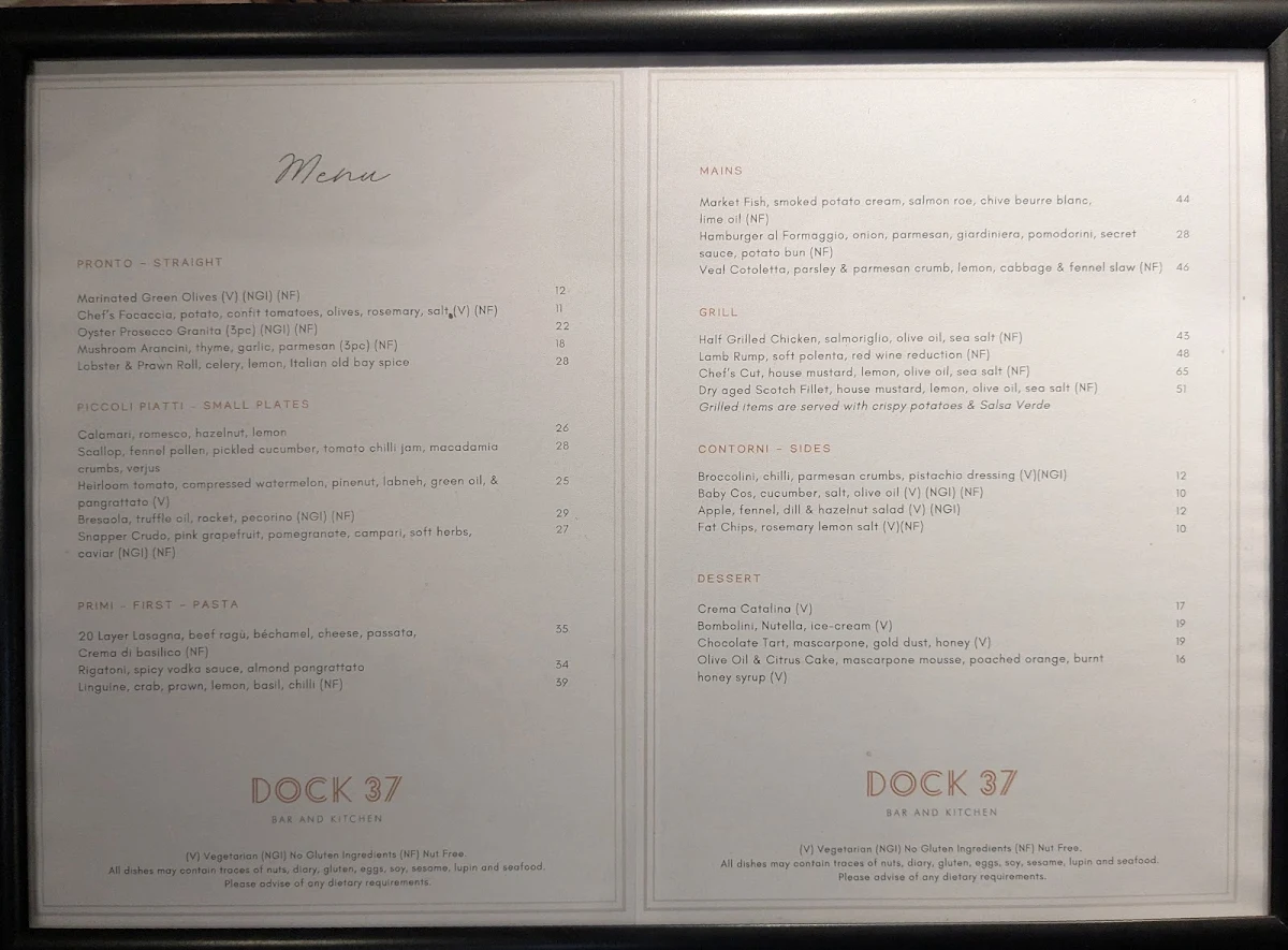 Menu, Dock 37 Bar and Kitchen