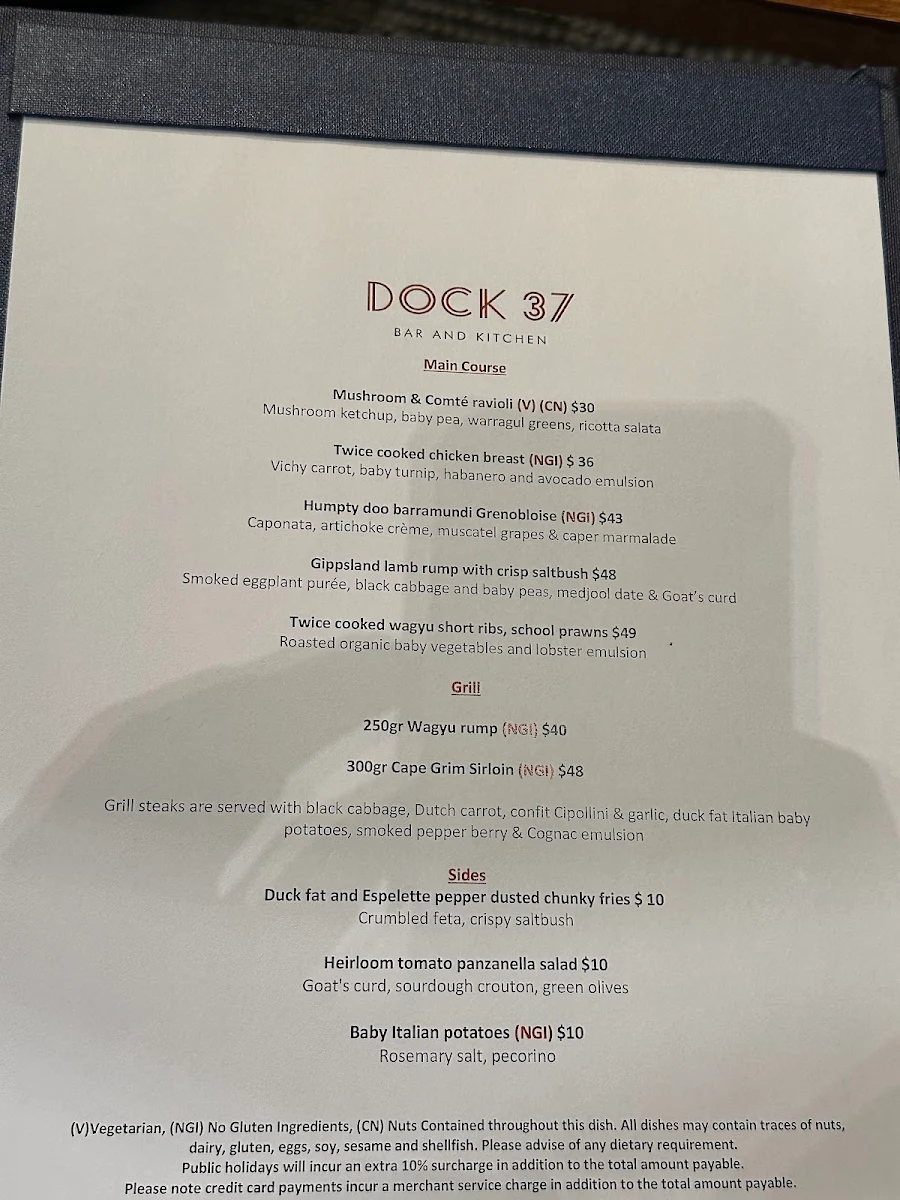 Menu, Dock 37 Bar and Kitchen