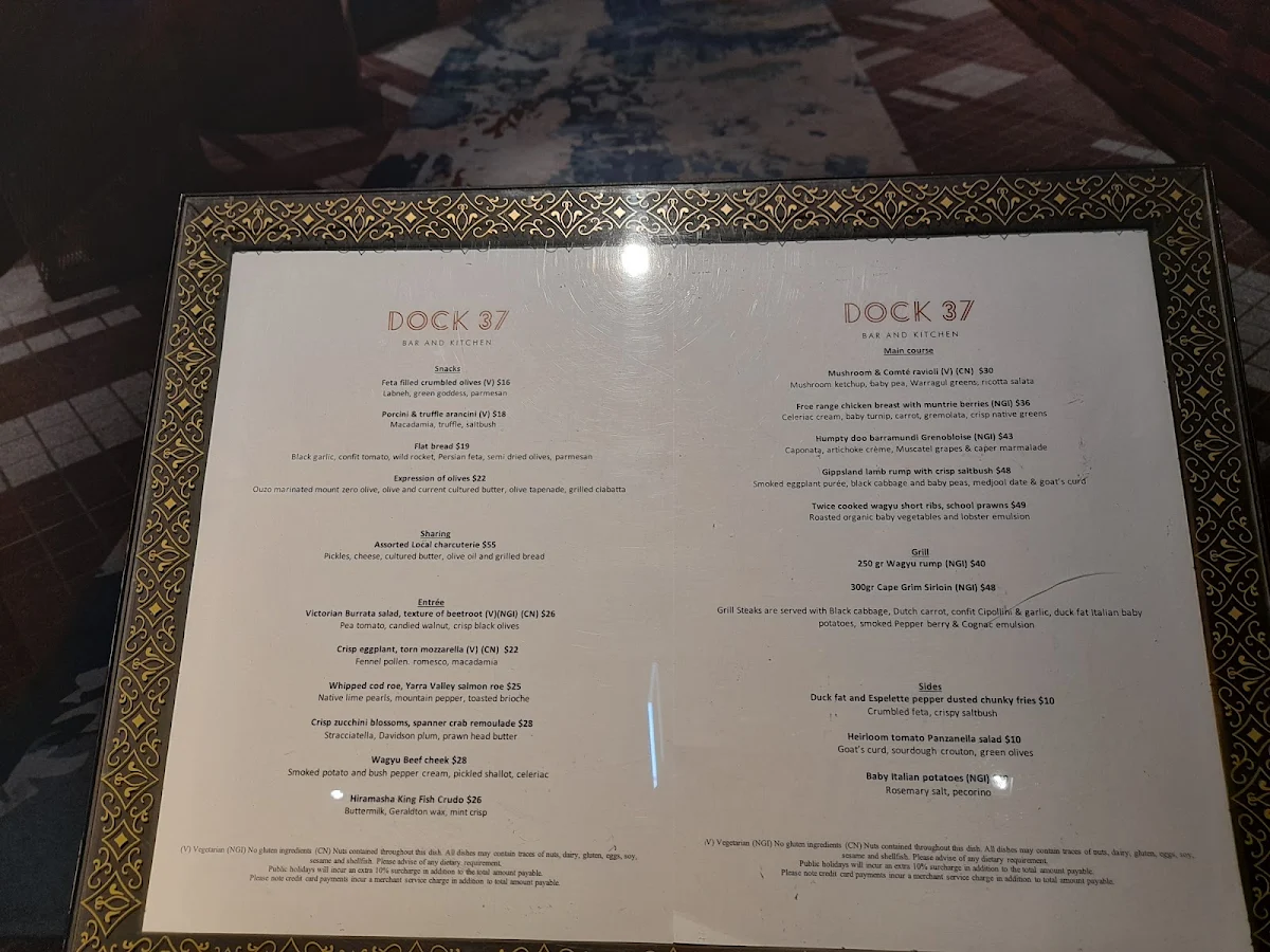 Menu, Dock 37 Bar and Kitchen