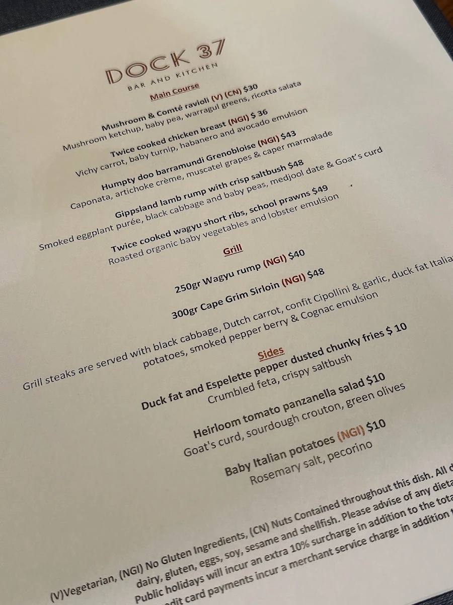 Menu, Dock 37 Bar and Kitchen