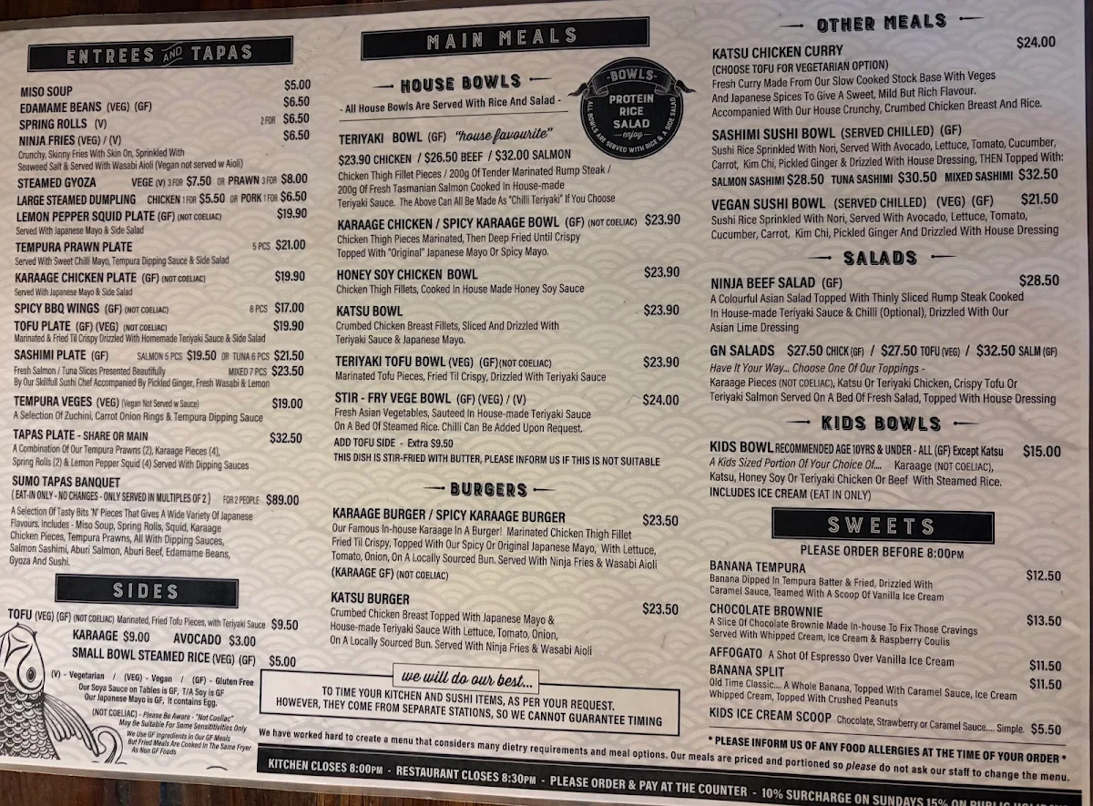 Menu, Ginja Ninja Sushi Cafe & Bar