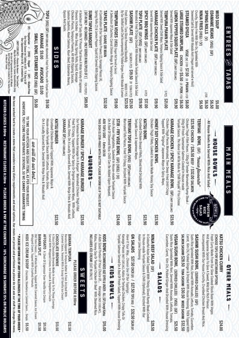 Menu, Ginja Ninja Sushi Cafe & Bar