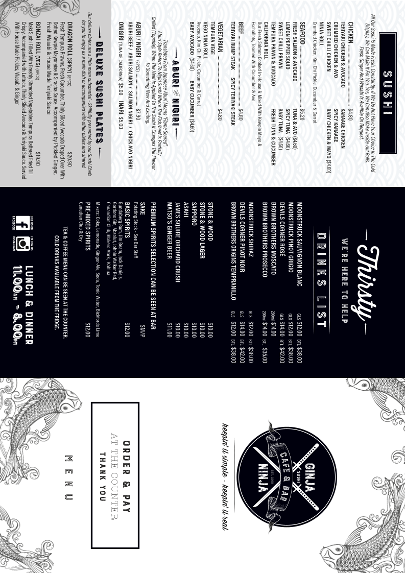 Menu, Ginja Ninja Sushi Cafe & Bar