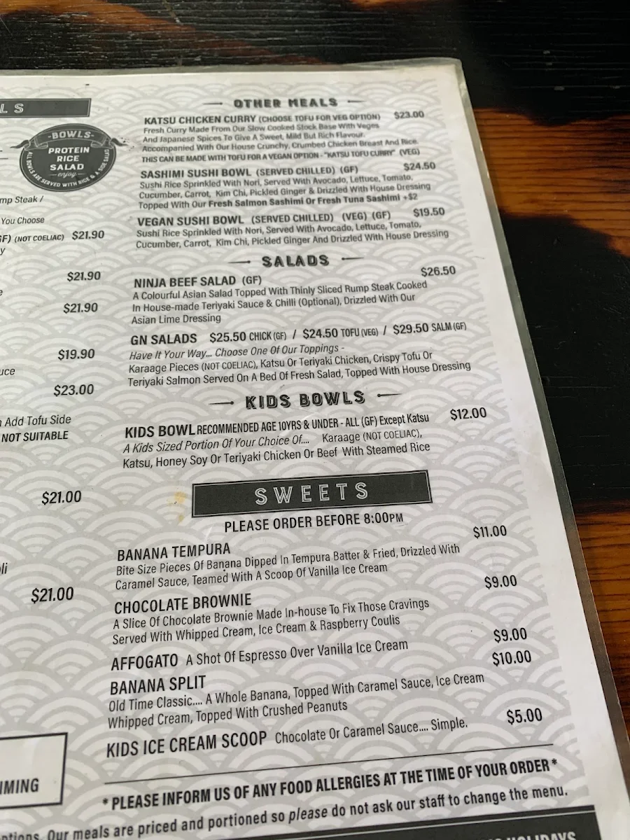 Menu, Ginja Ninja Sushi Cafe & Bar