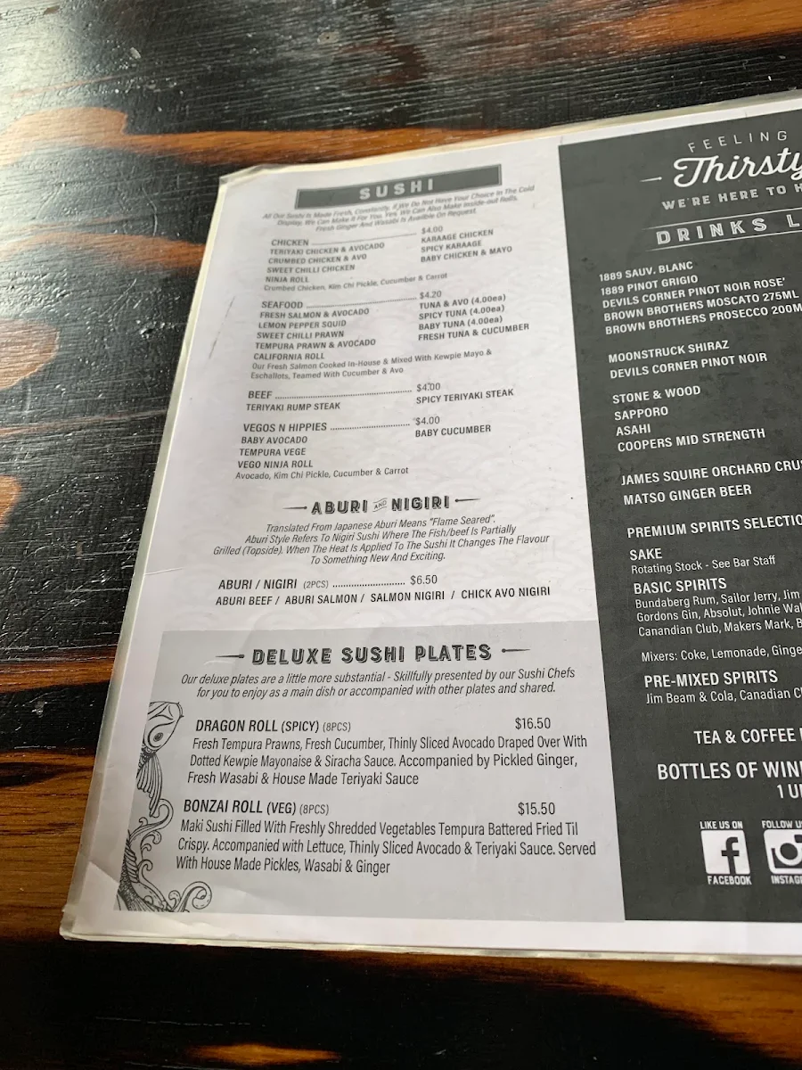 Menu, Ginja Ninja Sushi Cafe & Bar