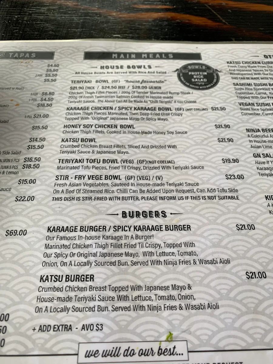 Menu, Ginja Ninja Sushi Cafe & Bar