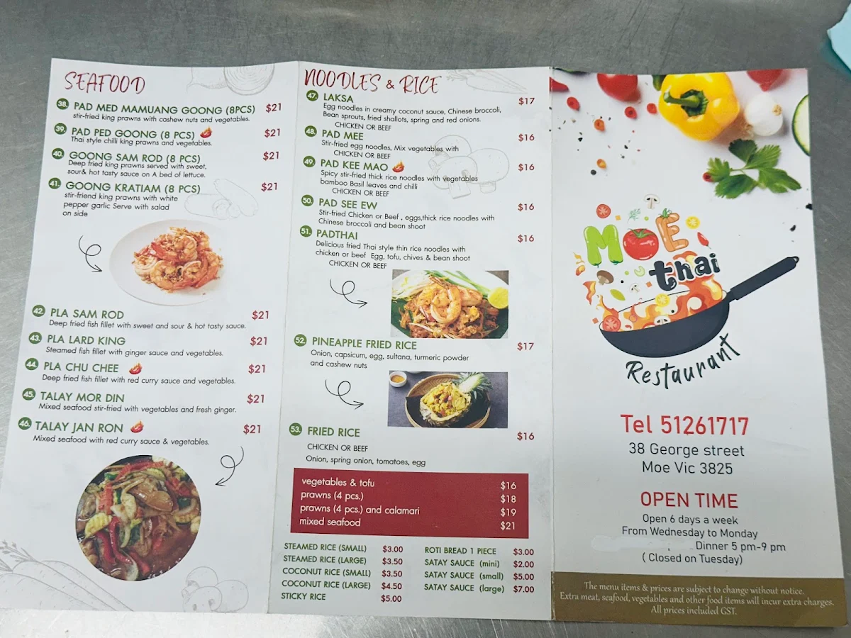 Menu, Moe Thai Restaurant