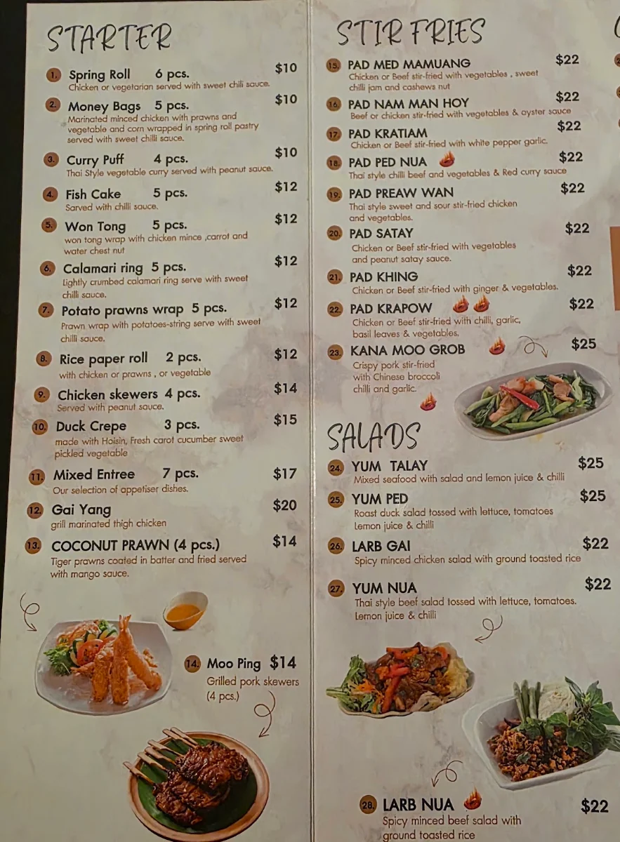 Menu, Moe Thai Restaurant