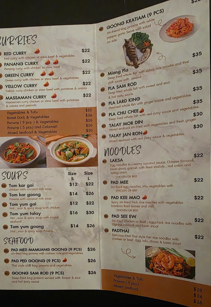 Menu, Moe Thai Restaurant