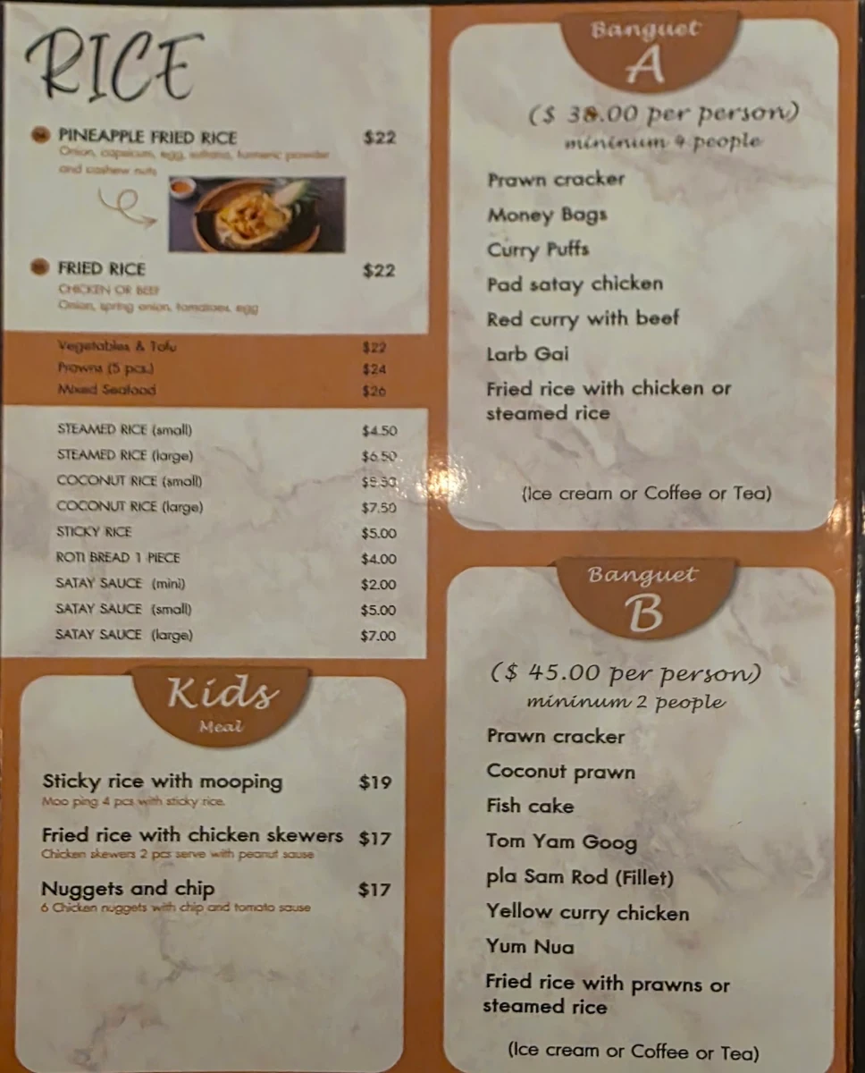 Menu, Moe Thai Restaurant