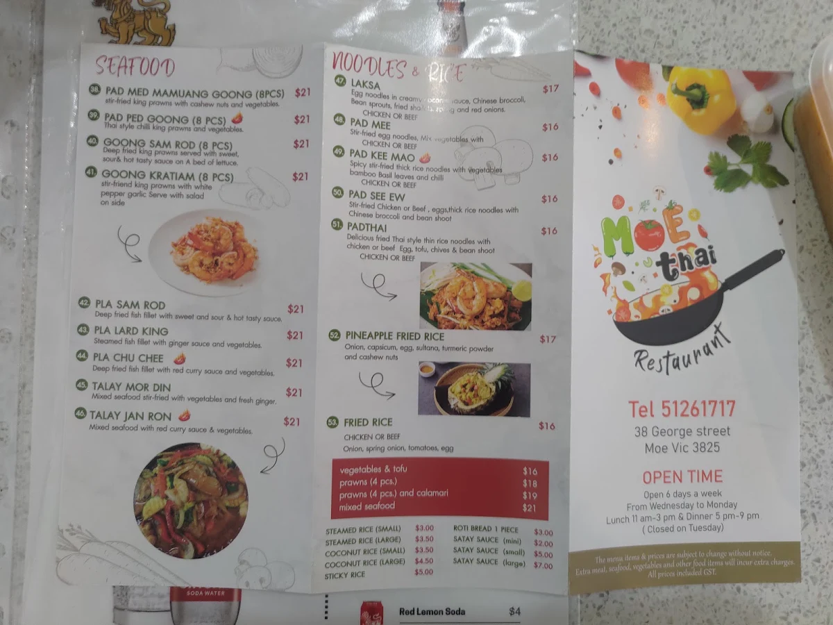 Menu, Moe Thai Restaurant