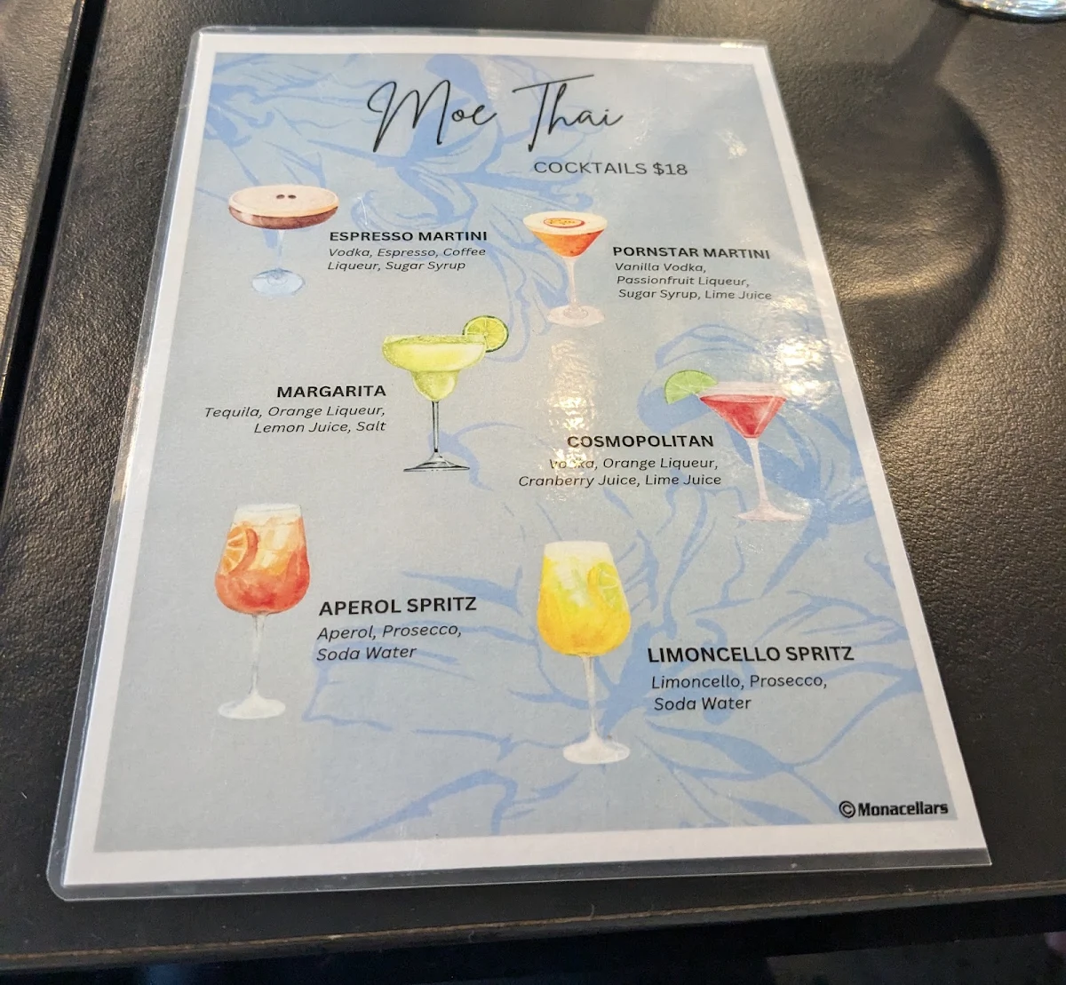 Menu, Moe Thai Restaurant
