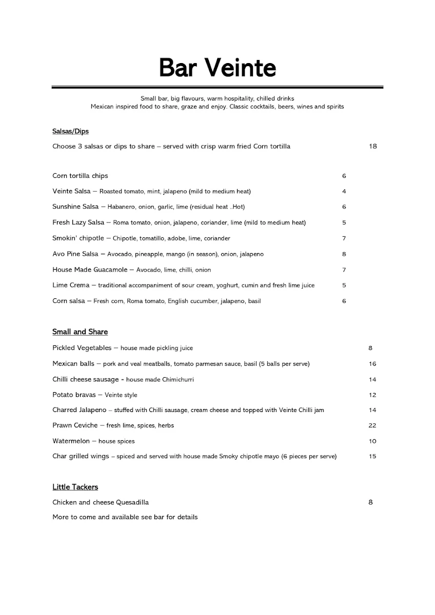 Menu, Bar Veinte