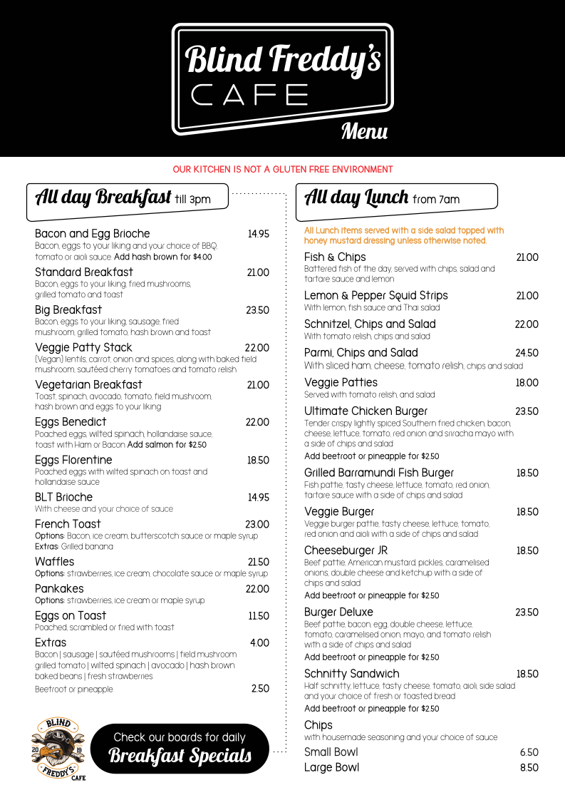 Menu, Blind Freddy's Cafe