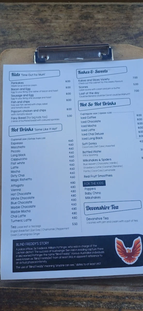 Menu, Blind Freddy's Cafe