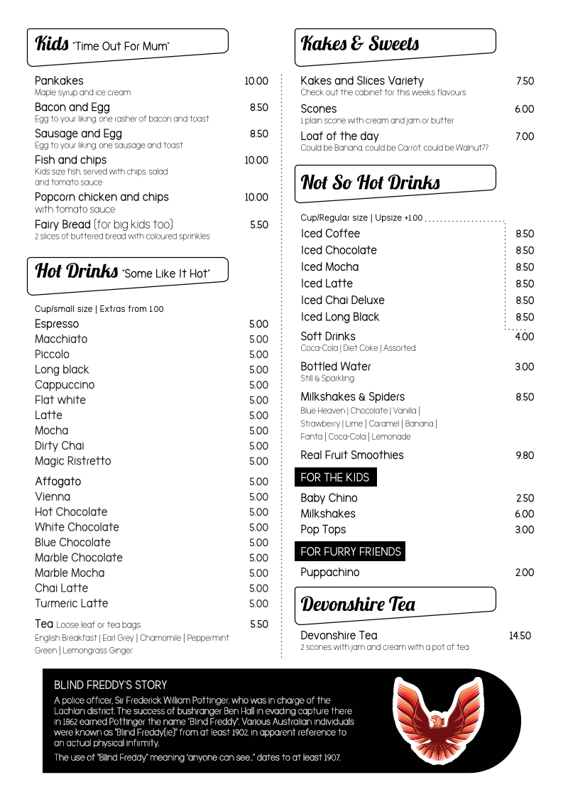 Menu, Blind Freddy's Cafe