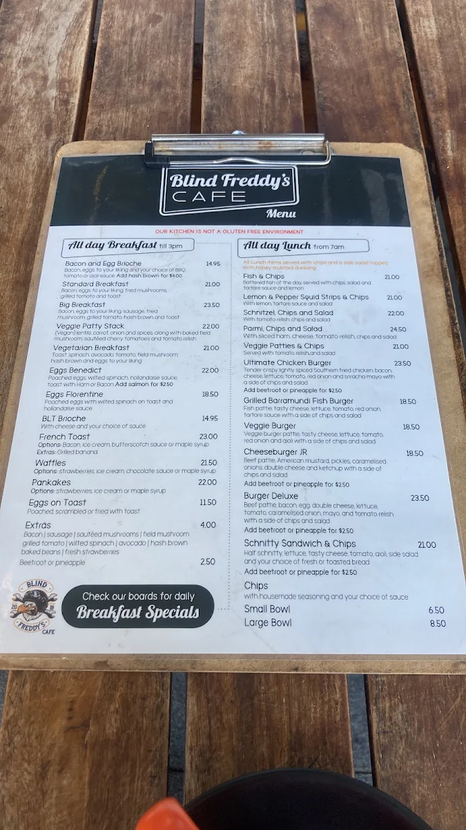 Menu, Blind Freddy's Cafe