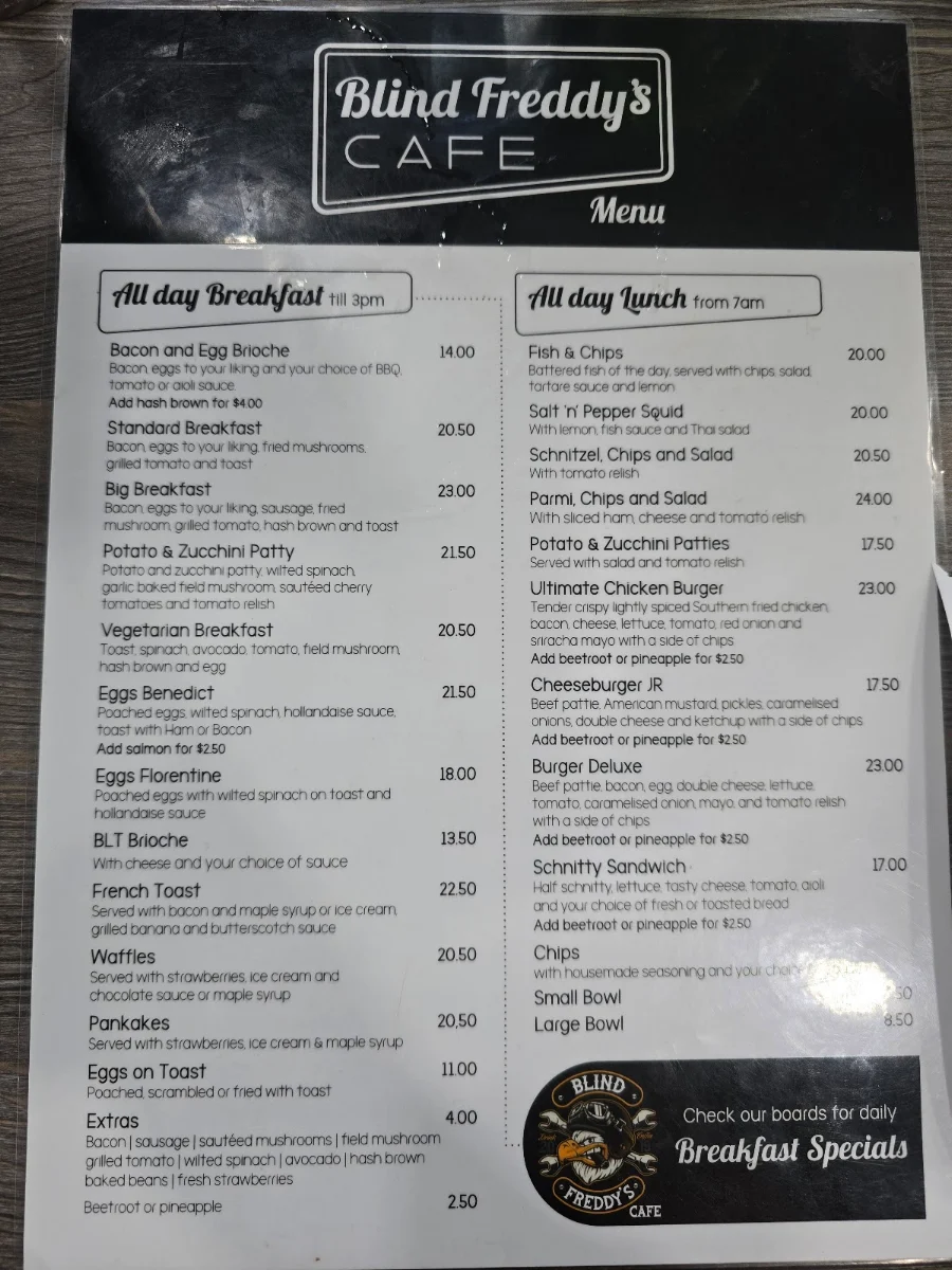 Menu, Blind Freddy's Cafe