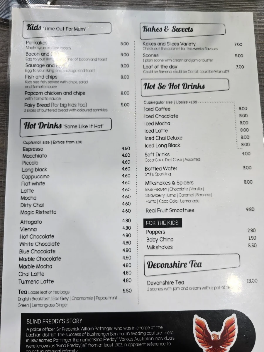 Menu, Blind Freddy's Cafe