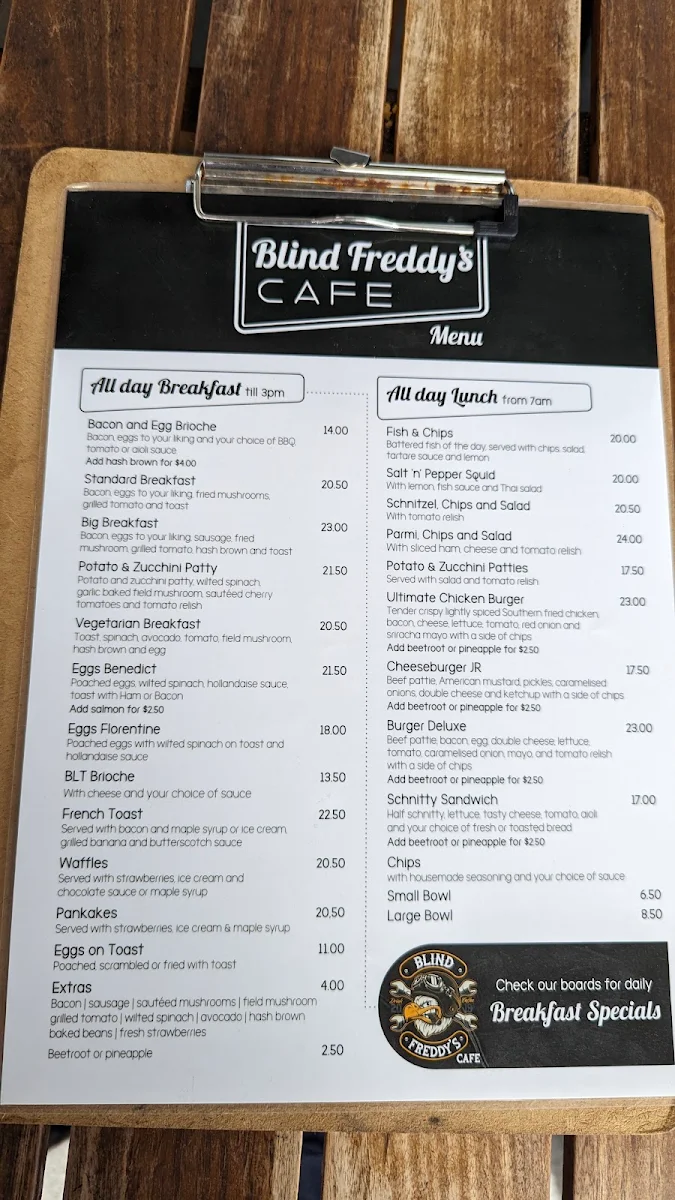Menu, Blind Freddy's Cafe