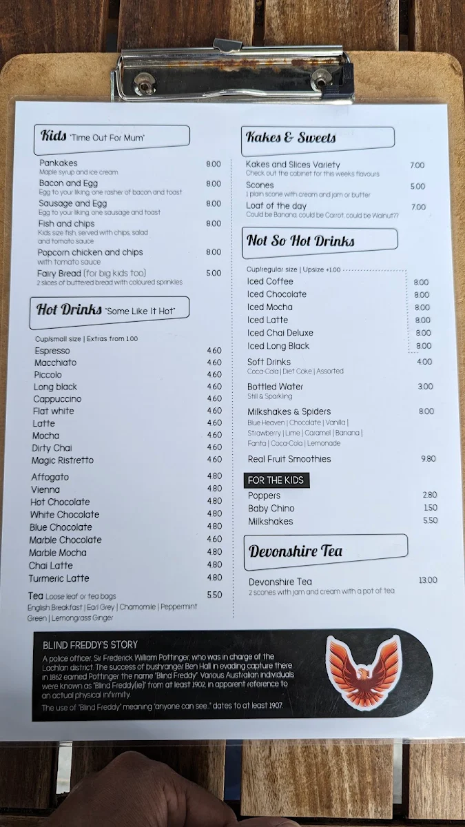 Menu, Blind Freddy's Cafe