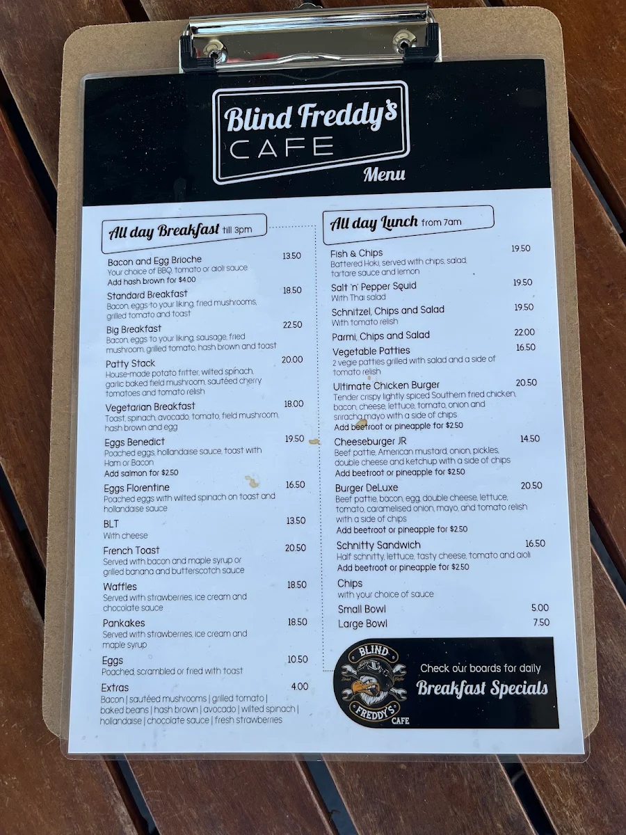 Menu, Blind Freddy's Cafe