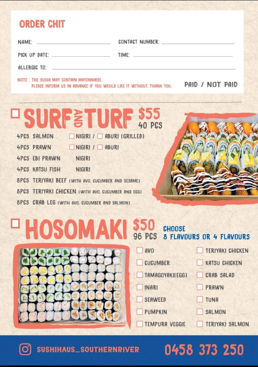 Menu, Sushi Haus