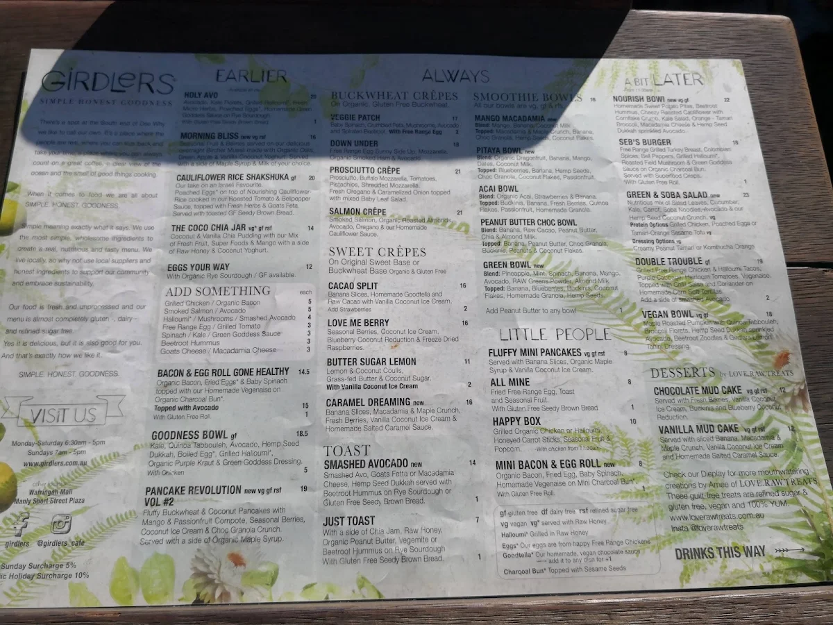 Menu, Girdlers Café - Dee Why