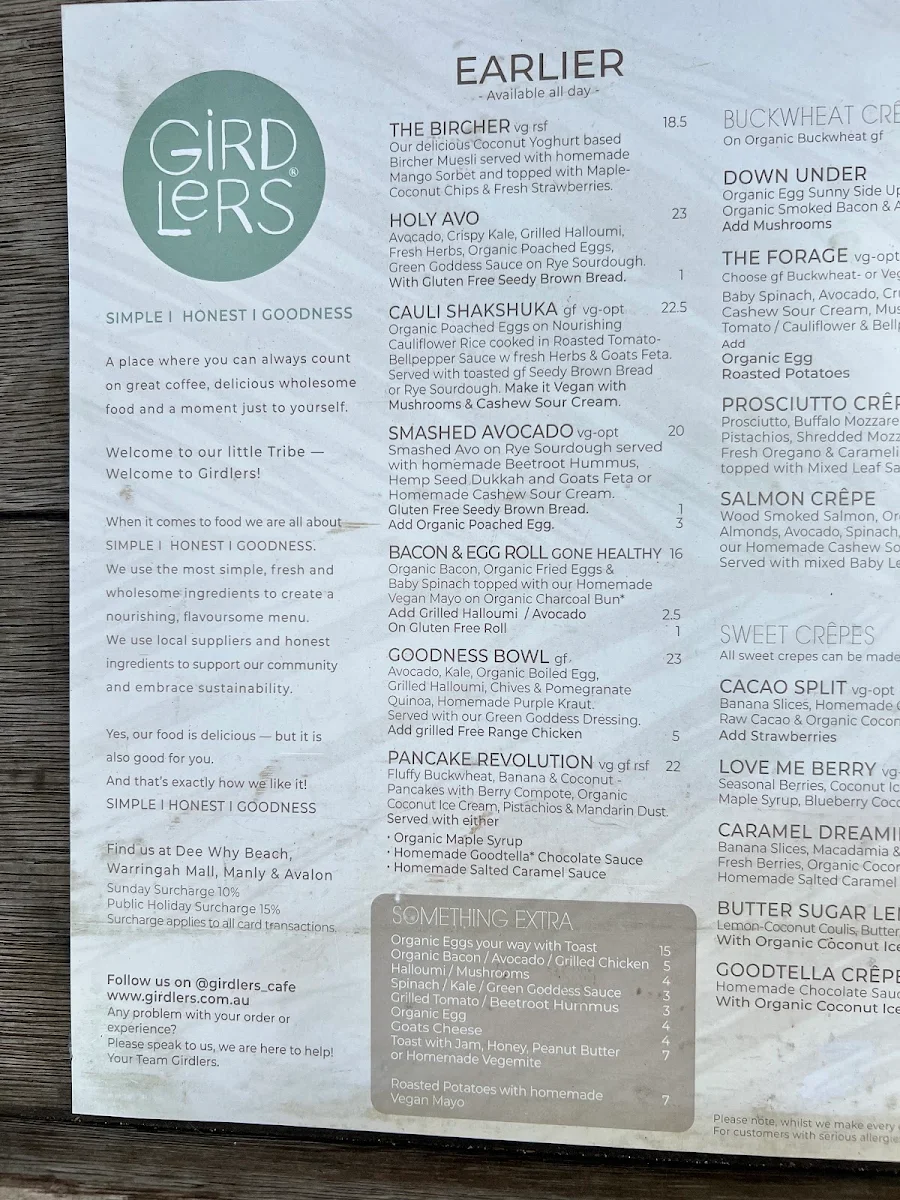Menu, Girdlers Café - Dee Why