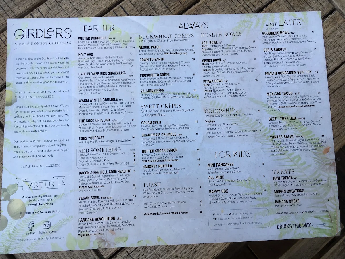 Menu, Girdlers Café - Dee Why