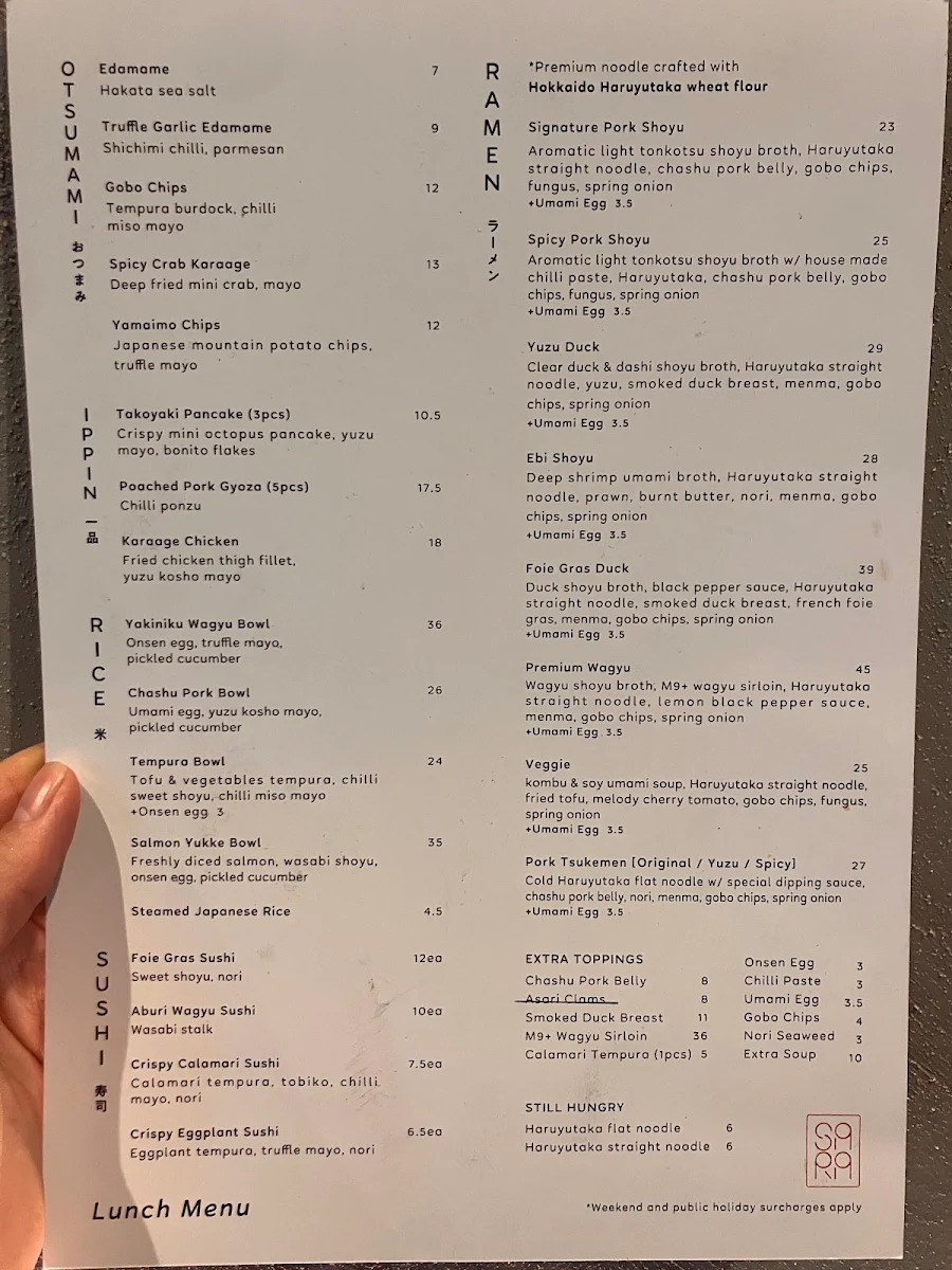 Menu, Sara Ramen & Yakitori Bar