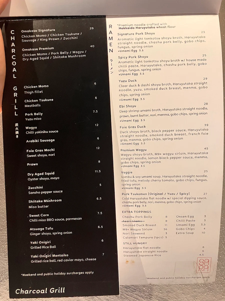 Menu, Sara Ramen & Yakitori Bar