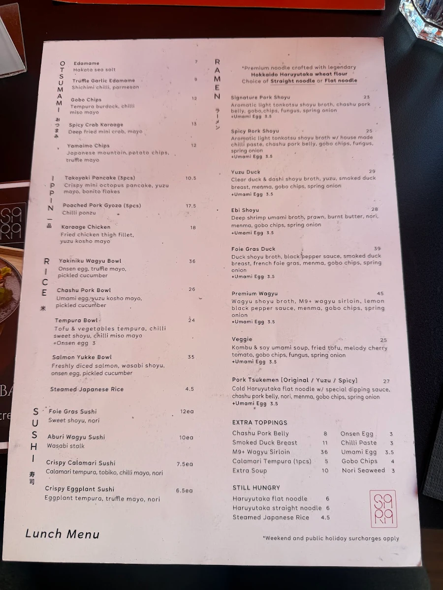 Menu, Sara Ramen & Yakitori Bar