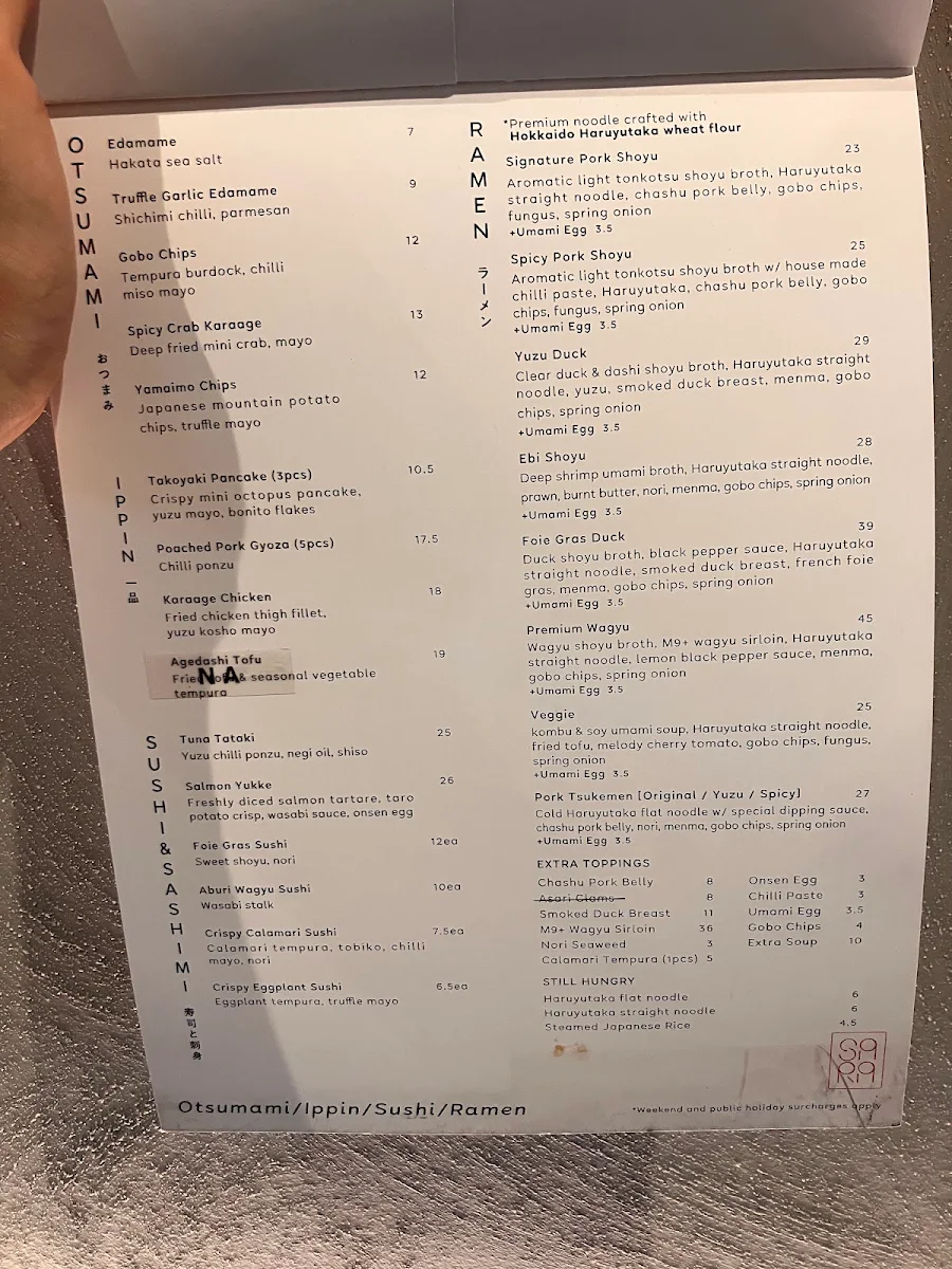 Menu, Sara Ramen & Yakitori Bar