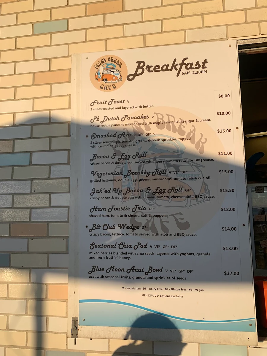 Menu, Point Break Cafe - Crescent Head