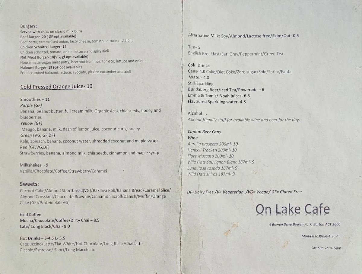 Menu, On-Lake Cafe