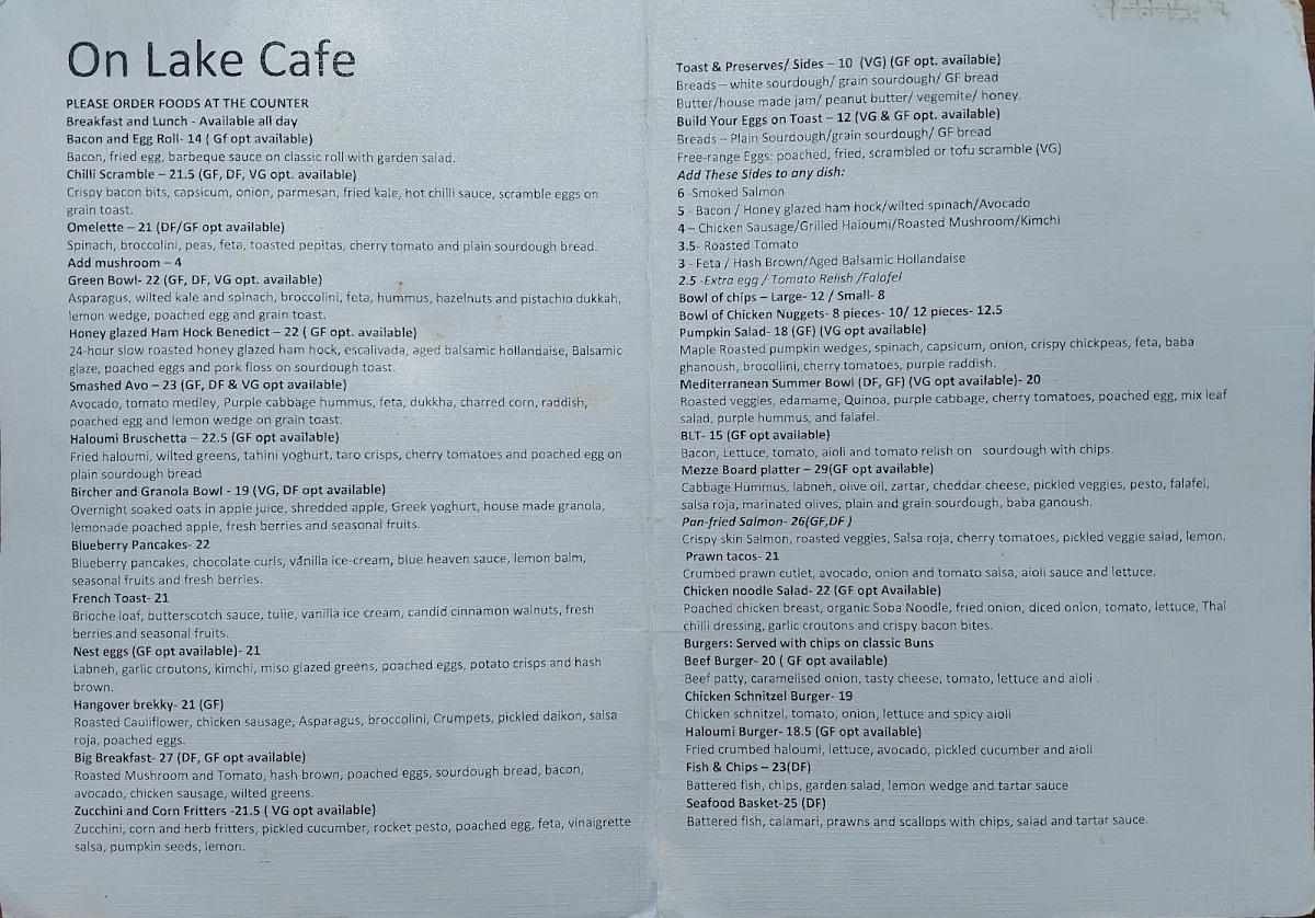 Menu, On-Lake Cafe