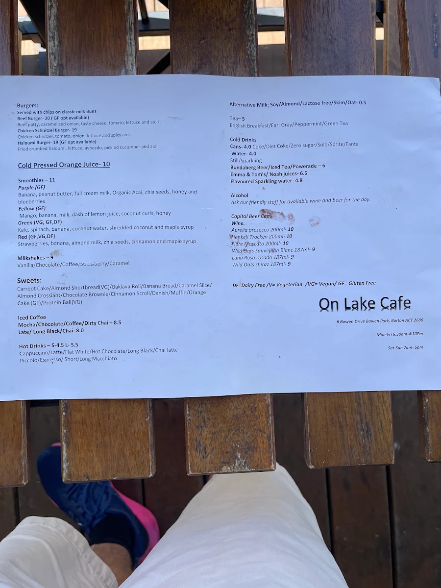 Menu, On-Lake Cafe