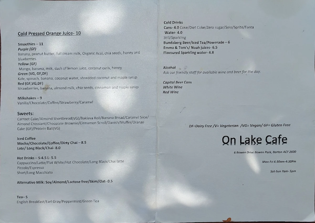 Menu, On-Lake Cafe