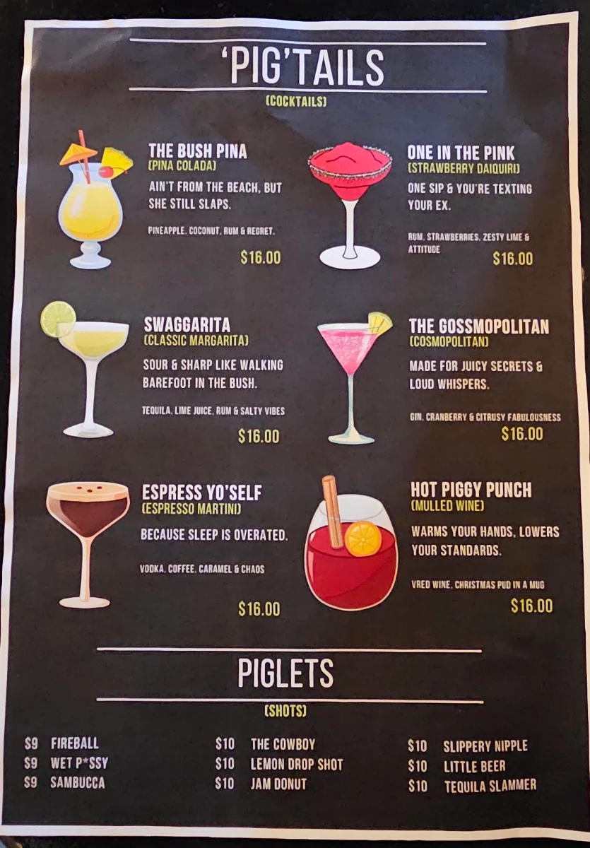 Menu, Bush Pig Inn