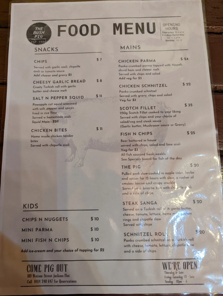 Menu, Bush Pig Inn