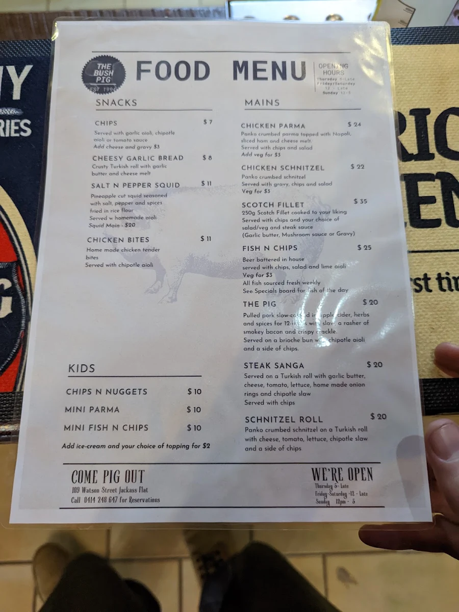 Menu, Bush Pig Inn