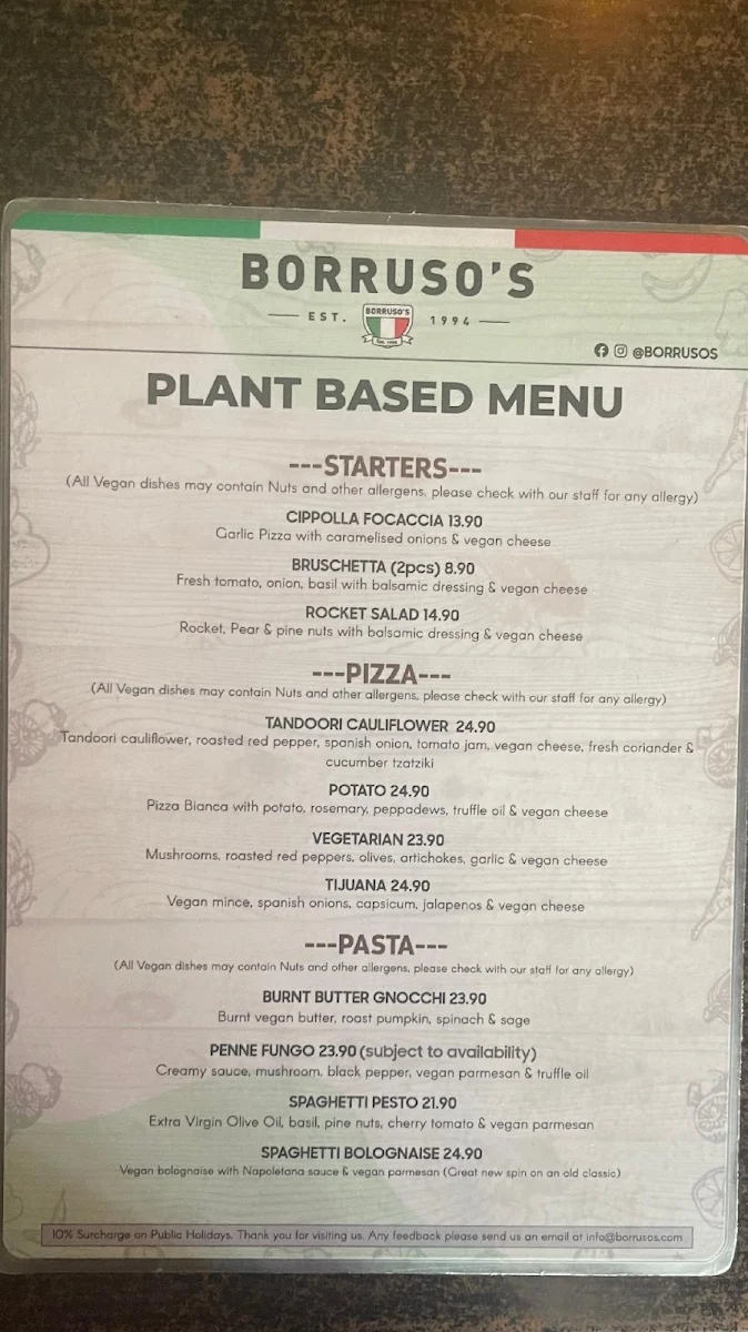 Menu, Borruso's Crows Nest