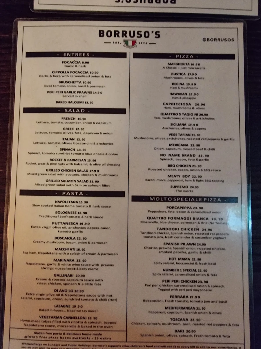 Menu, Borruso's Crows Nest