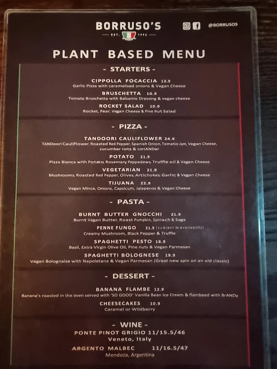 Menu, Borruso's Crows Nest