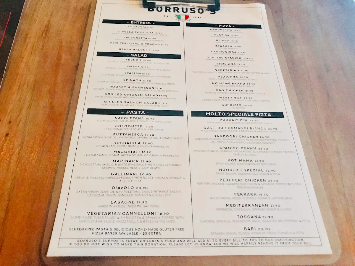Menu, Borruso's Crows Nest