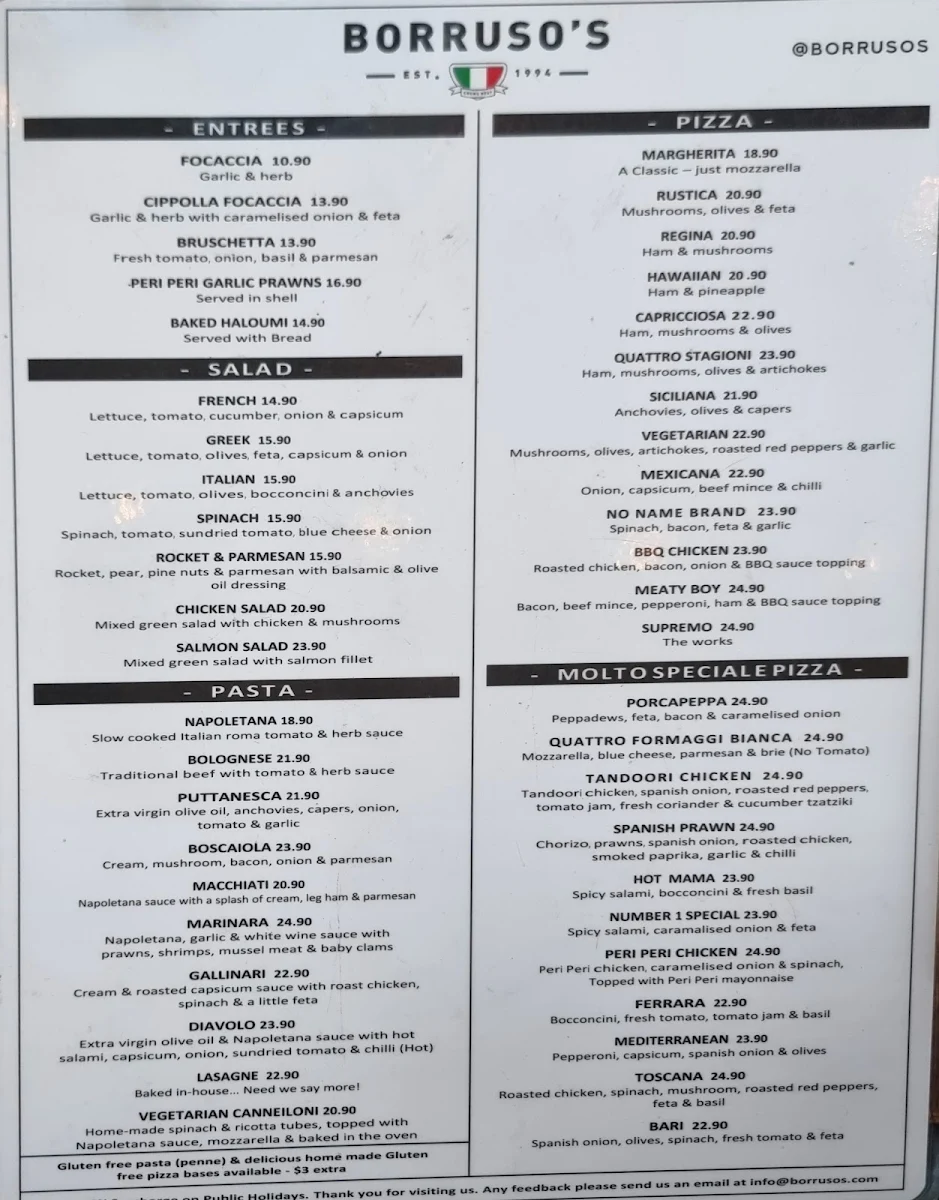 Menu, Borruso's Crows Nest