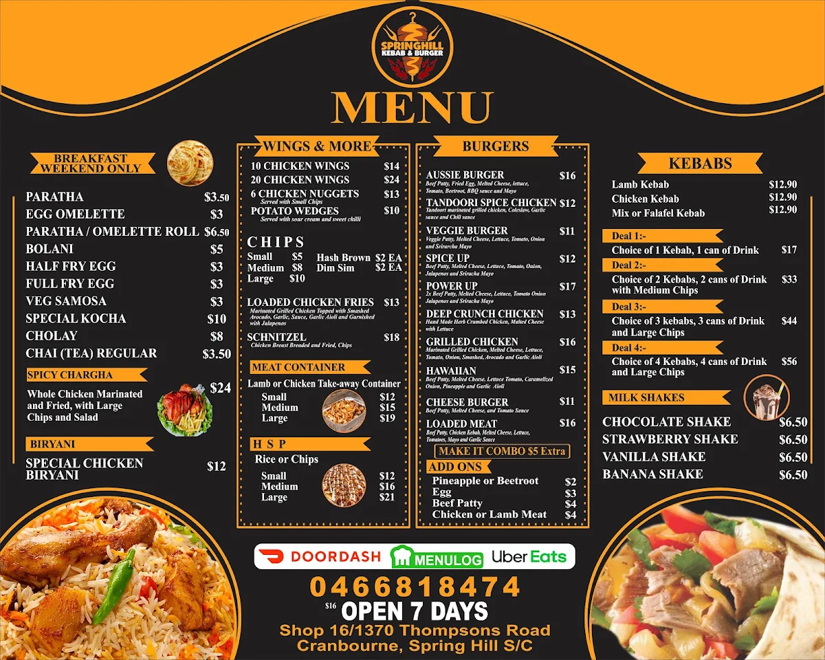 Menu, Springhill Kebab & Burger