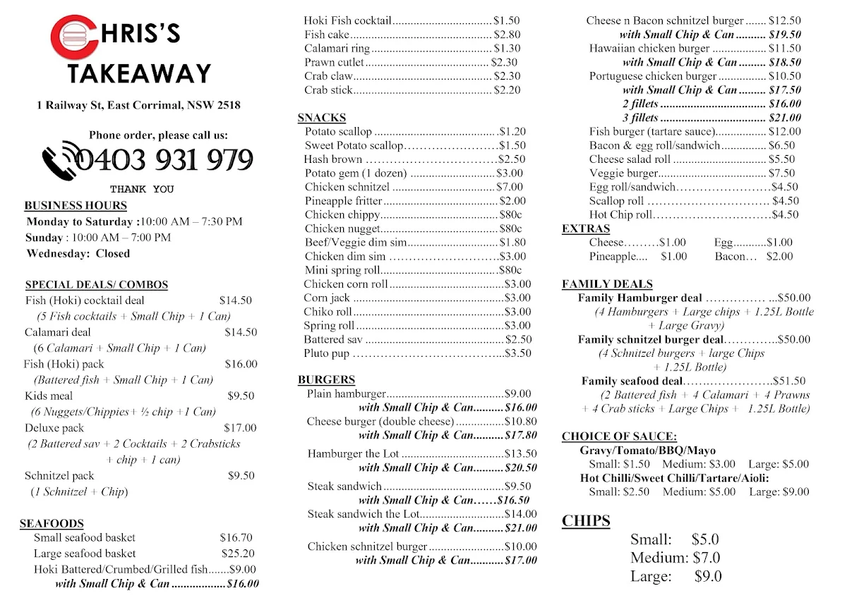 Menu, Chris's Takeaway East Corrimal