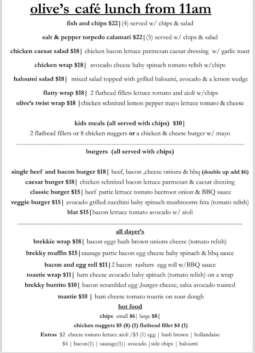 Menu, Olive's